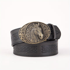 Men's PU Leather Horse Head Buckle Belt Western Cowboy Belt