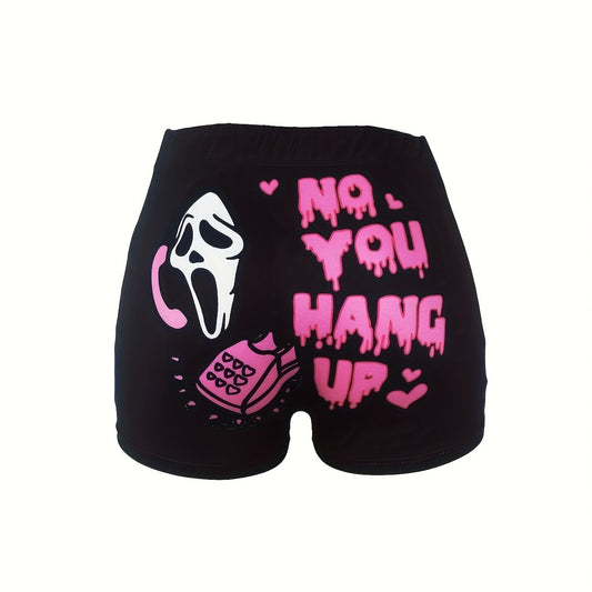  Halloween Skull & Slogan Print Shorts
