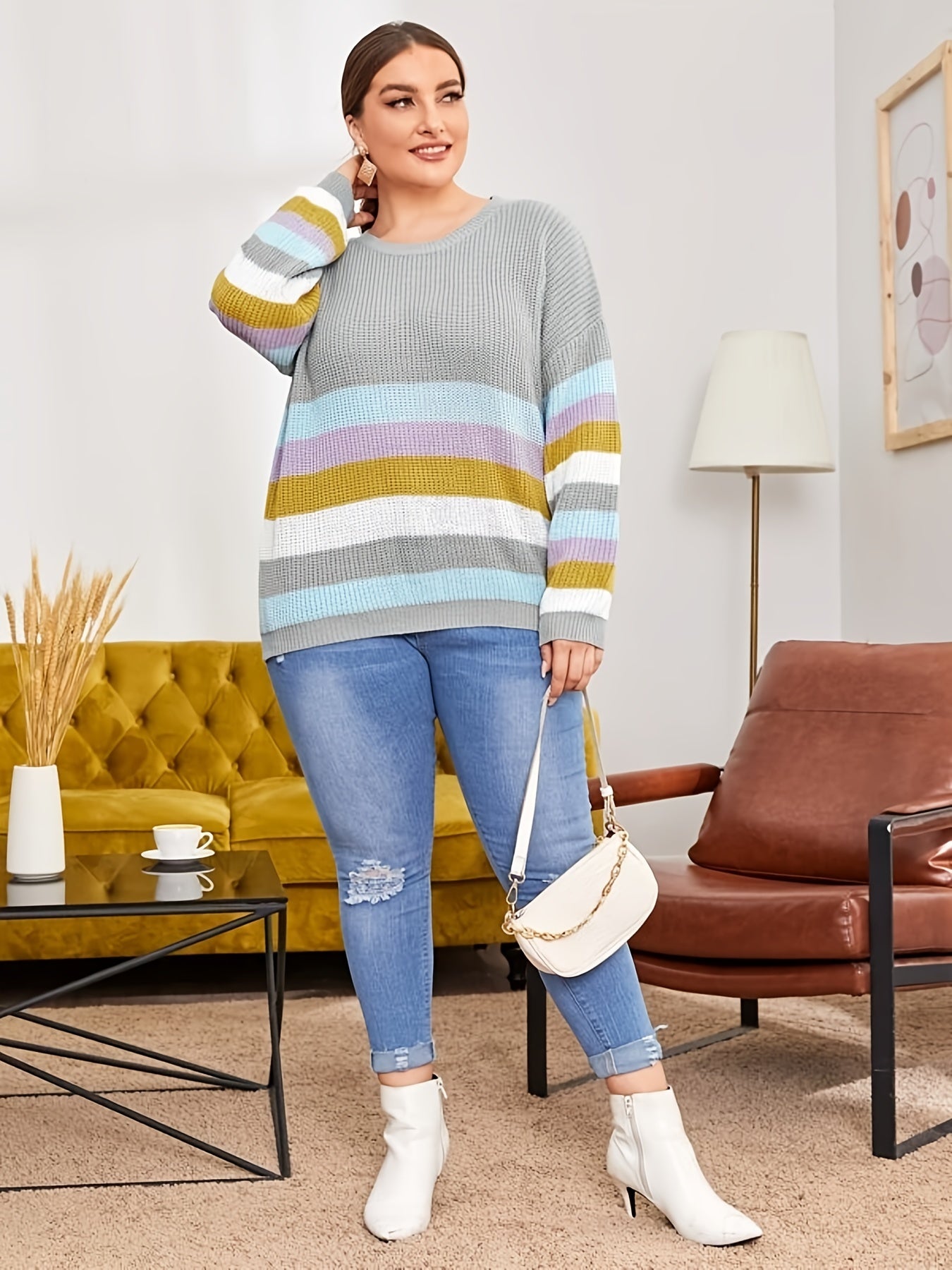  Colorblock Long Sleeve Sweater Women's Plus Casual Pullover Sweater