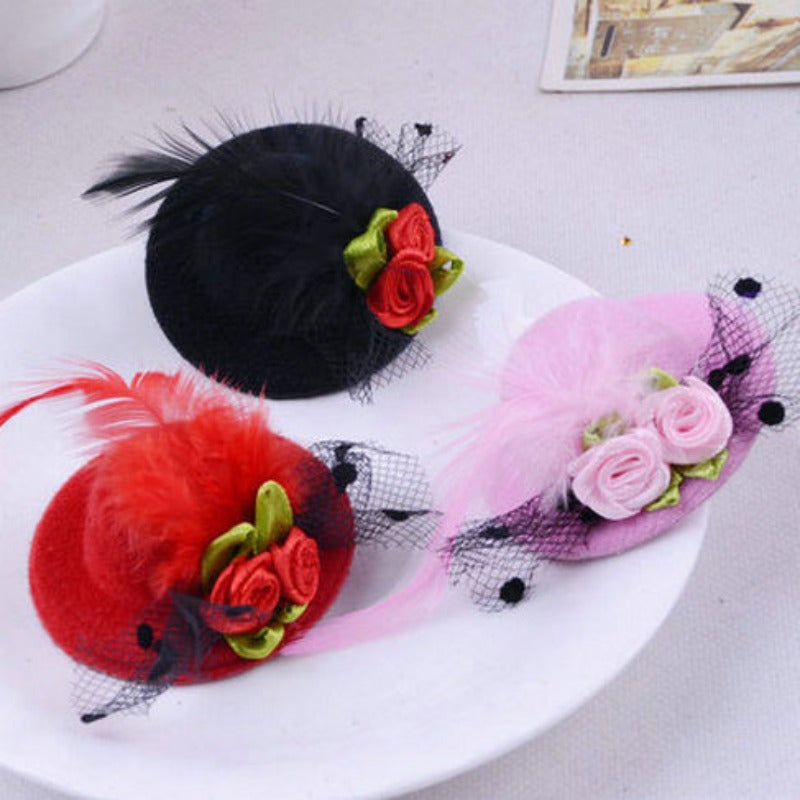 Doll House Hat Brushed Double Flower with Feathers Top Hat Hairpin