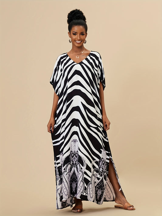 Boho Style Cover Up Dress V Neck Loose Fit Split Beachwear Kaftan