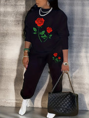 Women's Plus Rose Print Sweatshirt & Jogger Sweatpants Set