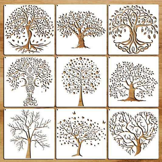 9pcs Tree Of Life Stencils 7.87x7.87in Reusable DIY Art Craft Stencil