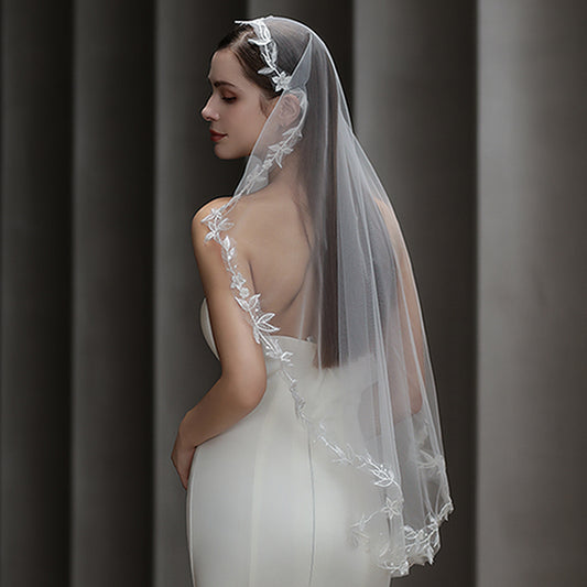 Tulle Cathedral Bridal Veil with Floral Embroidery