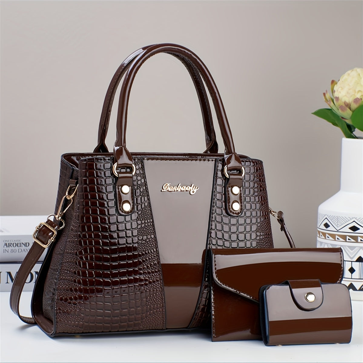 Crocodile Embossed 3pcs Handbag Set: Tote, Crossbody Bag & Card Holder