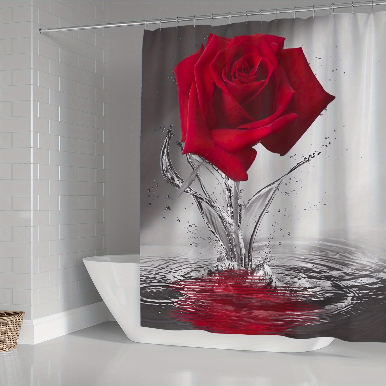 Romantic Floral Red Rose Shower Curtain Set with Non Slip Mat and Hooks