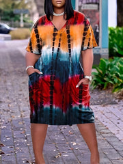  Tie Dye Ruched V Neck Dress With Pockets