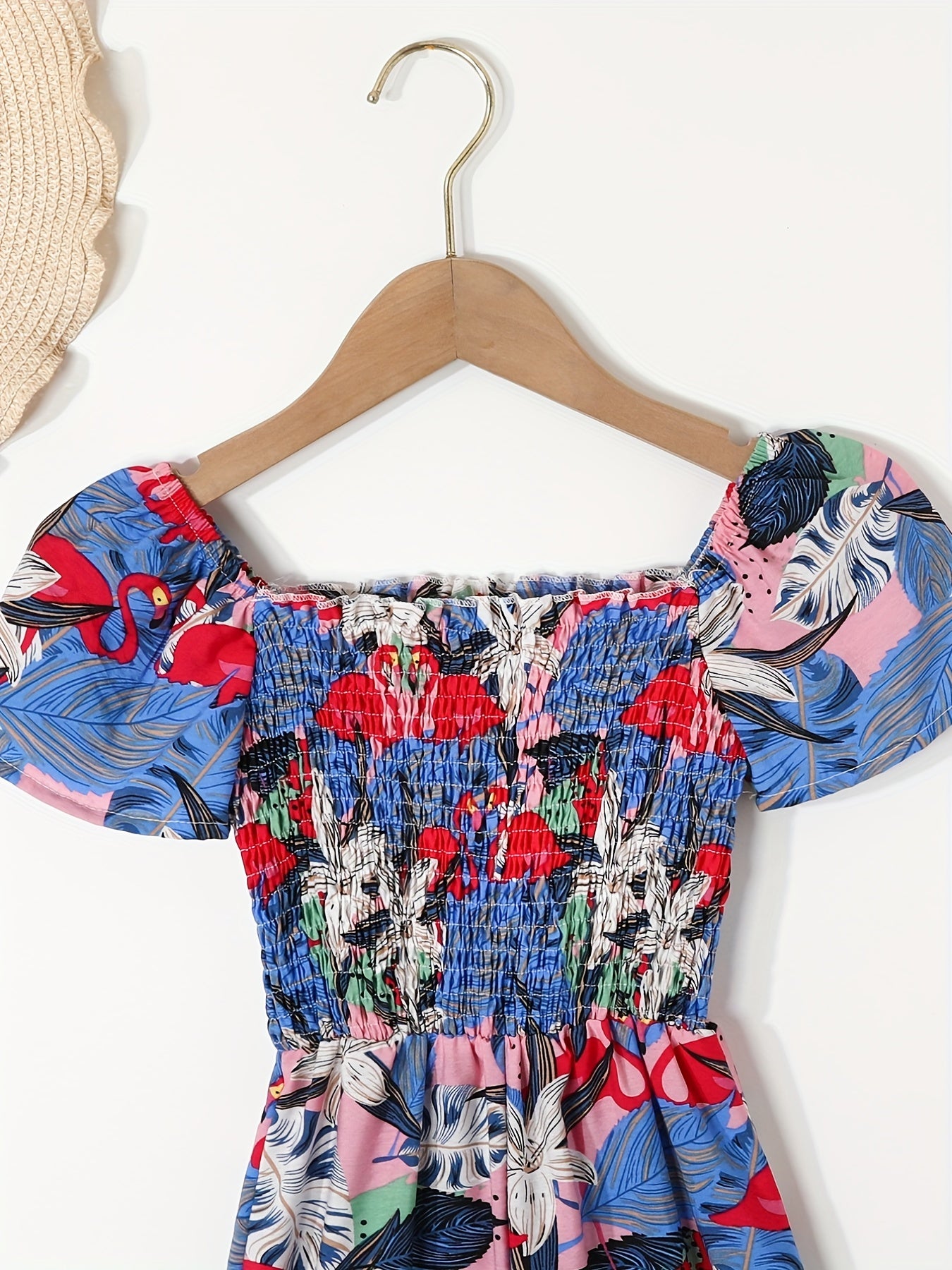 Toddler Girls Flowers Puff Sleeve Rompers Wide Leg Jumpsuits