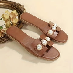 Women's Faux Pearl Flat Slippers Open Toe Non Slip Solid Slides Shoes