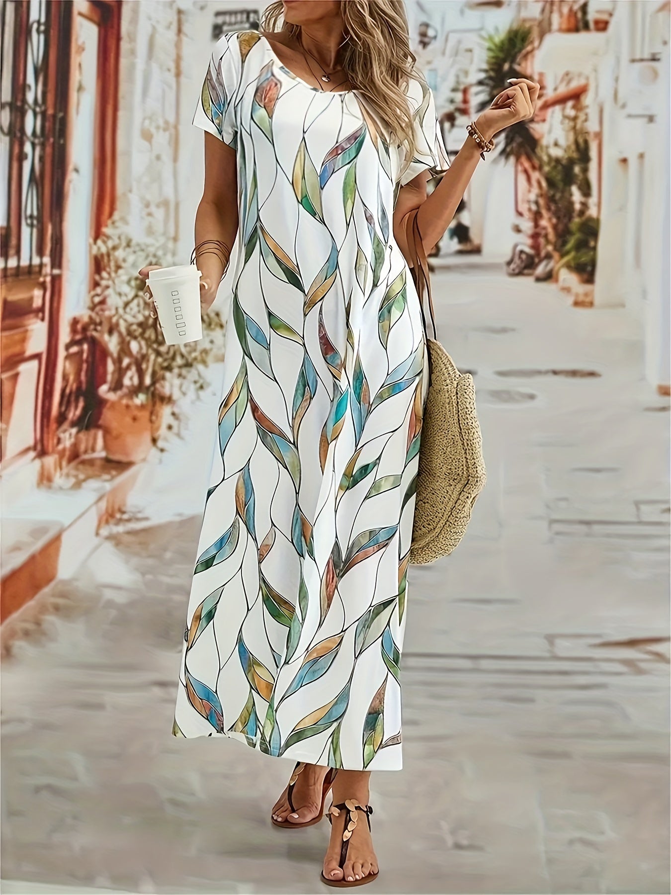  Leaf Print Maxi Dress Short Sleeve Square Neck Medium Stretch