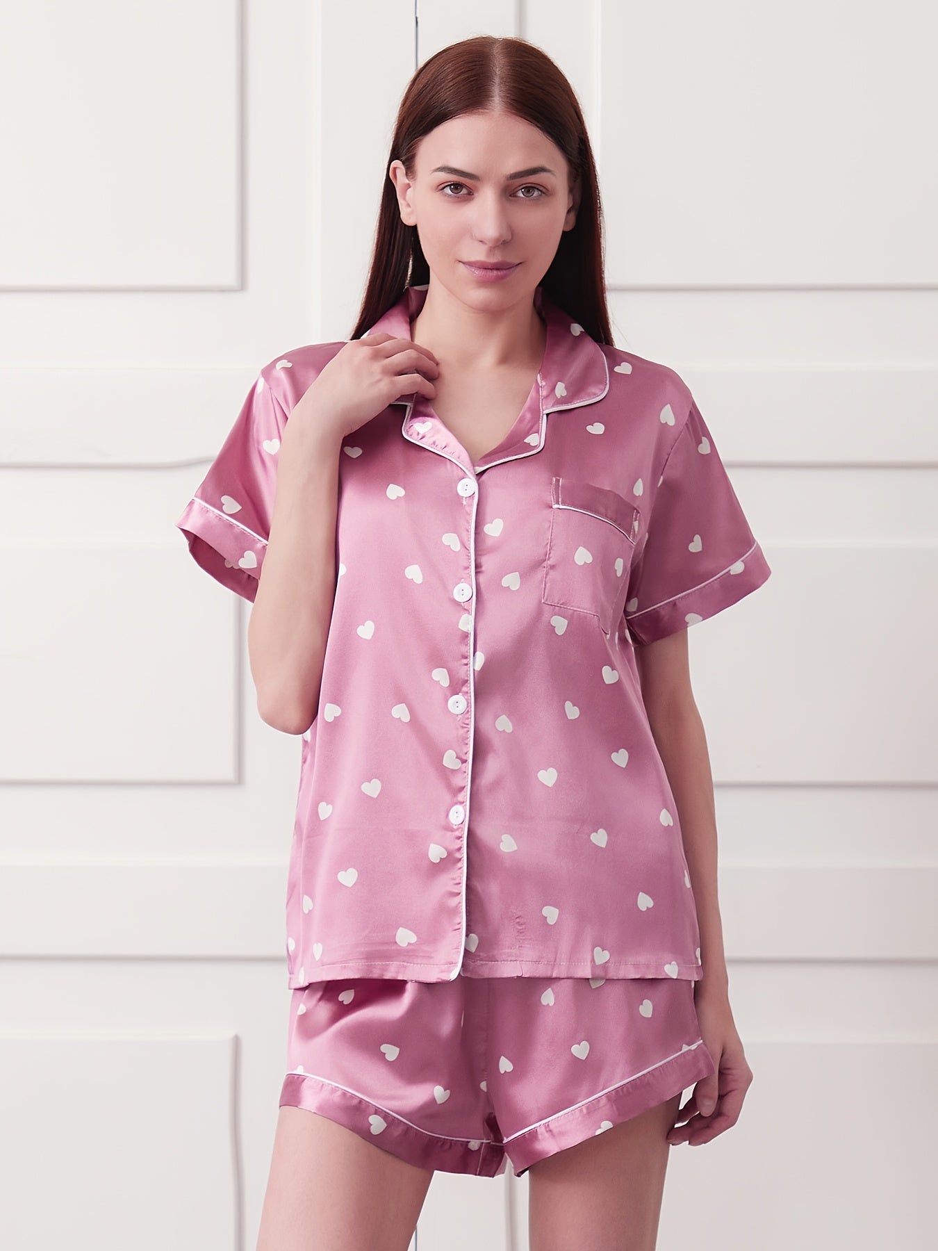 Heart Print Satin Pajama Set Short Sleeve Button Up Top & Shorts