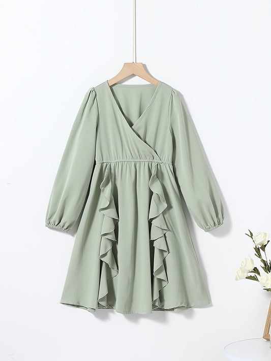 Girls V-Neck Ruffled Dress for Autumn & Spring