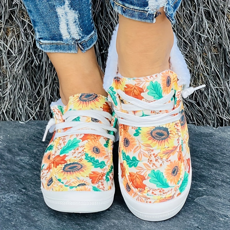 Women's Winter Sunflower Floral Pattern Warm Sneakers Ankle Boots