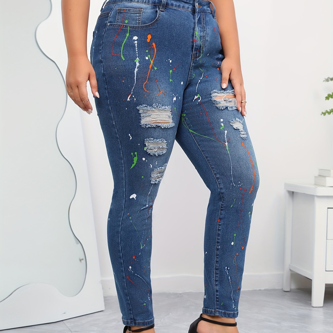  Splash Print Ripped High Rise Skinny Jeans