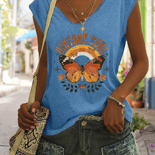 Butterfly Print Tank Top Sleeveless V Neck Casual Top