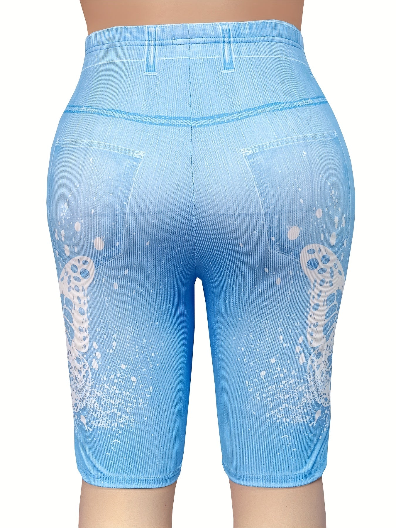  Denim & Butterfly Print High Rise Skinny Shorts
