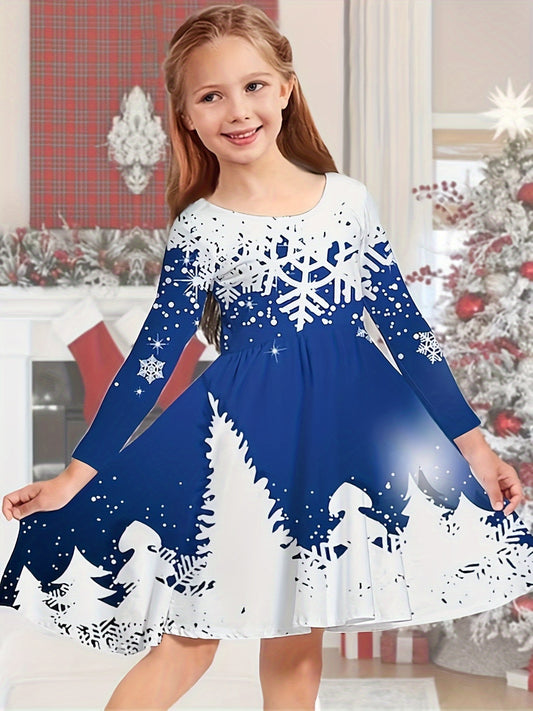 Christmas Night Graphic Long Sleeve Dress Girls Crew Neck Dresses