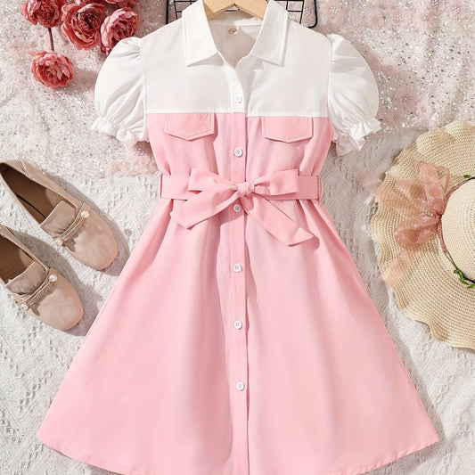 Toddler Girls Puff Sleeve Button Block Casual Belted Shirt Dress