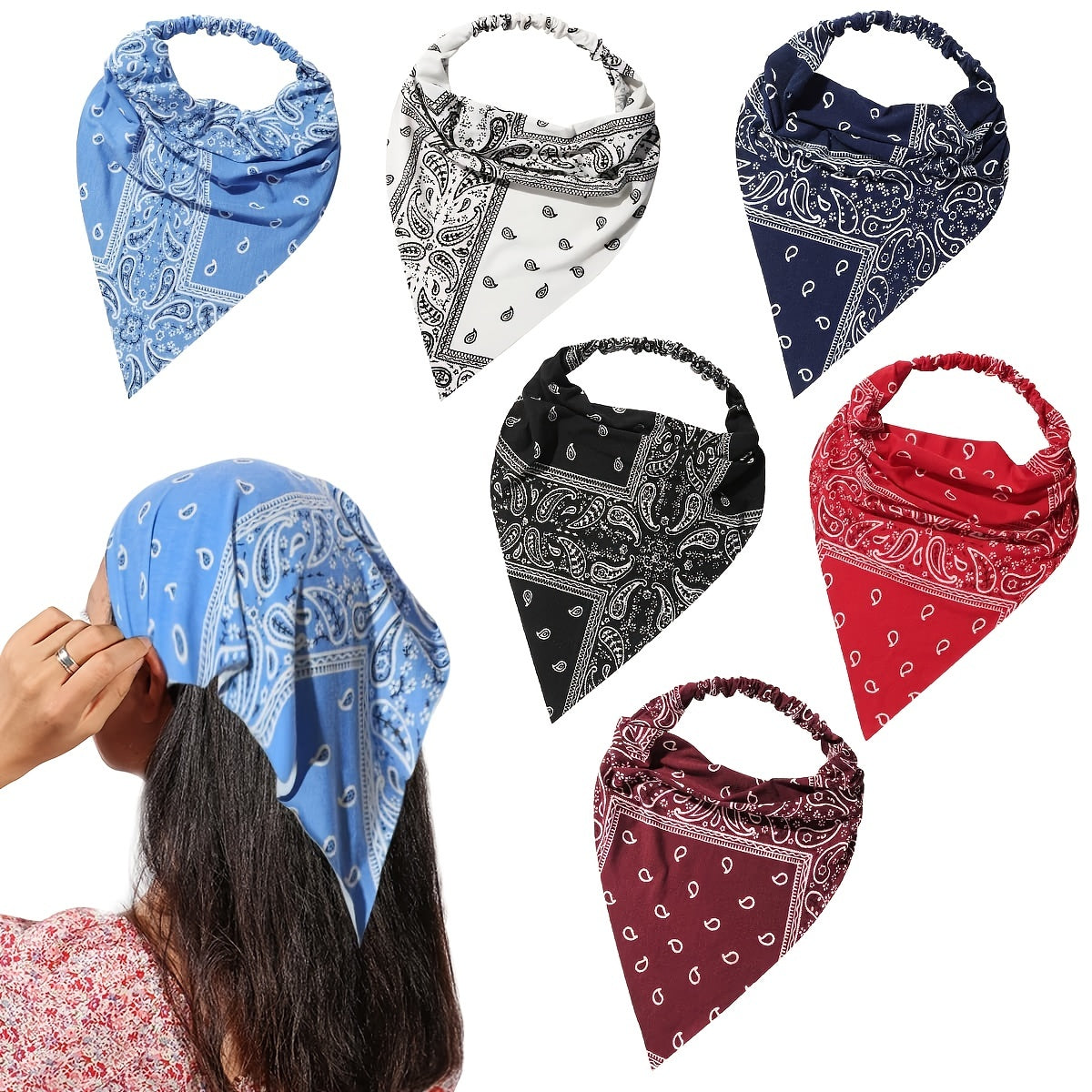 6pcs Paisley Print Series Triangle Scarf Headband Elastic Turban Bandana