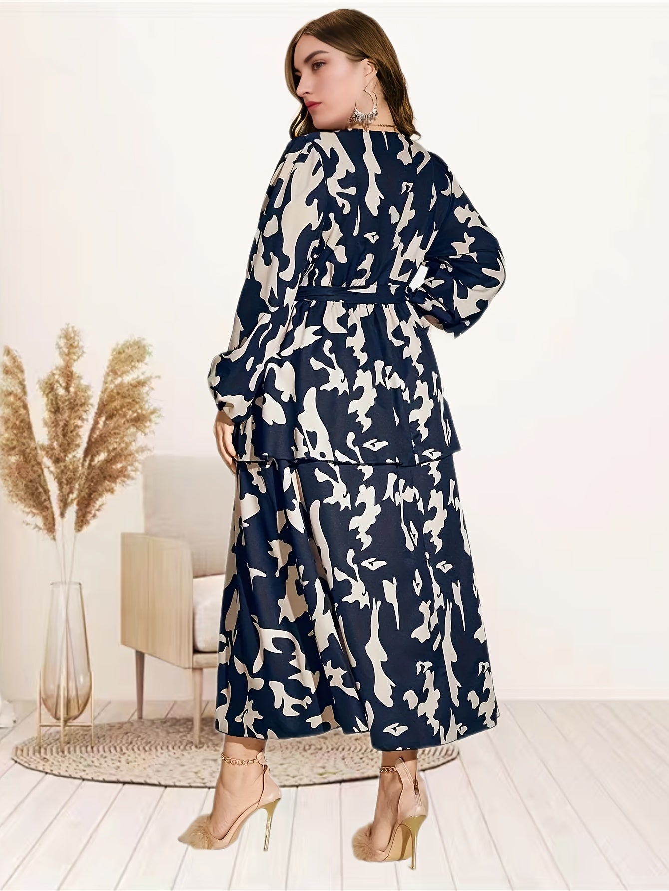  Allover Print Lantern Sleeve Maxi Dress With Belt
