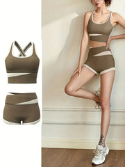 2pcs Yoga Workout Set Block Sports Bra & Shorts Women's Activewear
