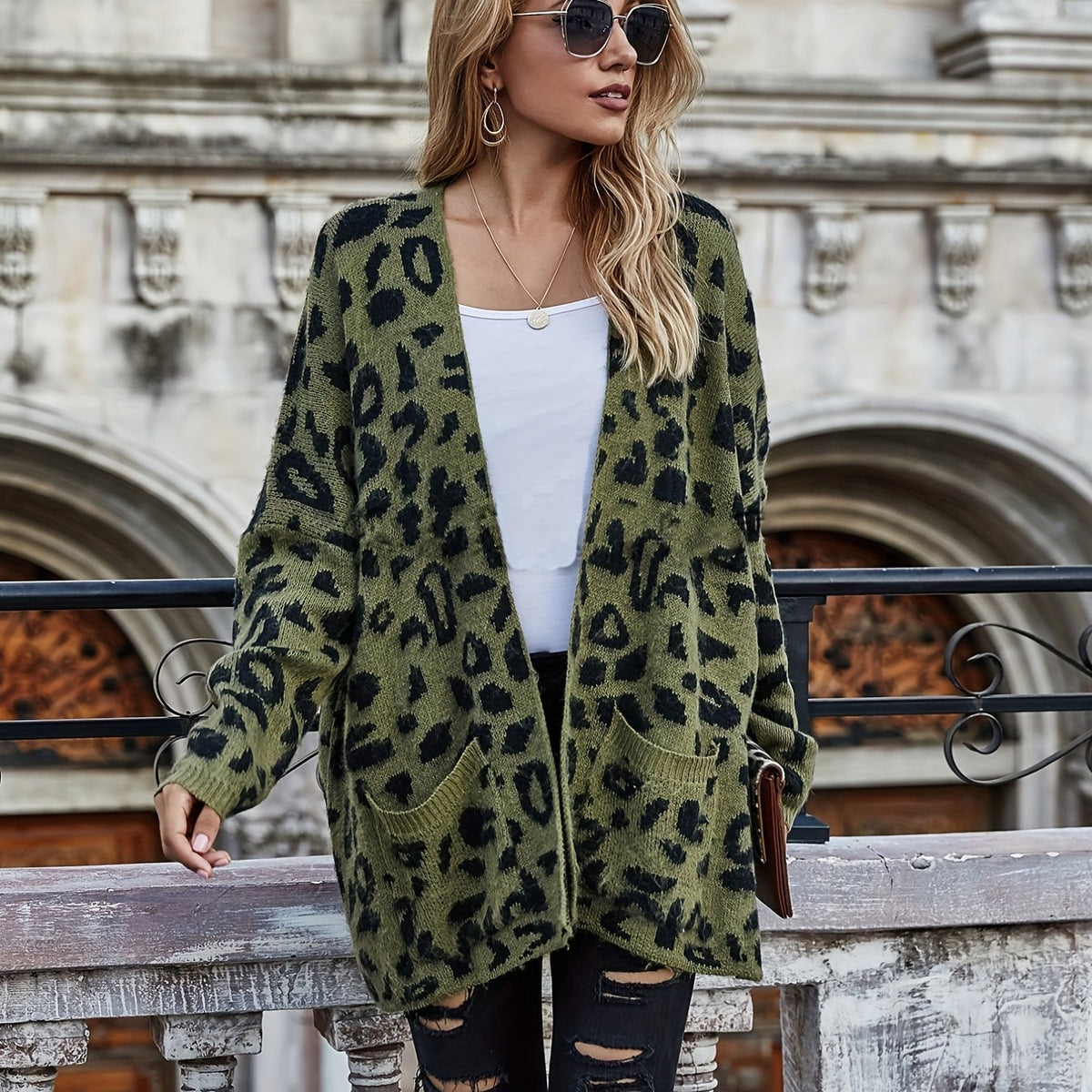  Leopard Print Open Front Cardigan With Pockets