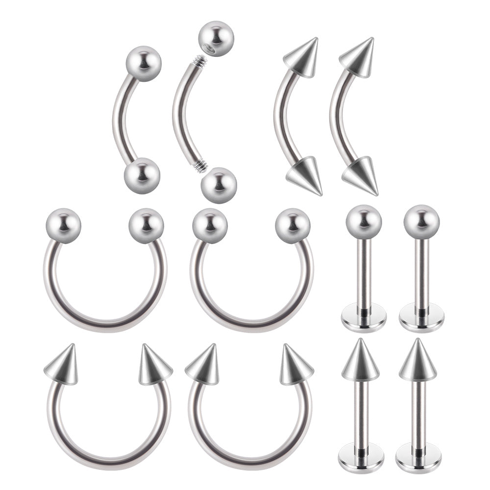 12PC Stainless Steel Body Piercing Jewelry Set 16G Nose Lip Tongue Cartilage