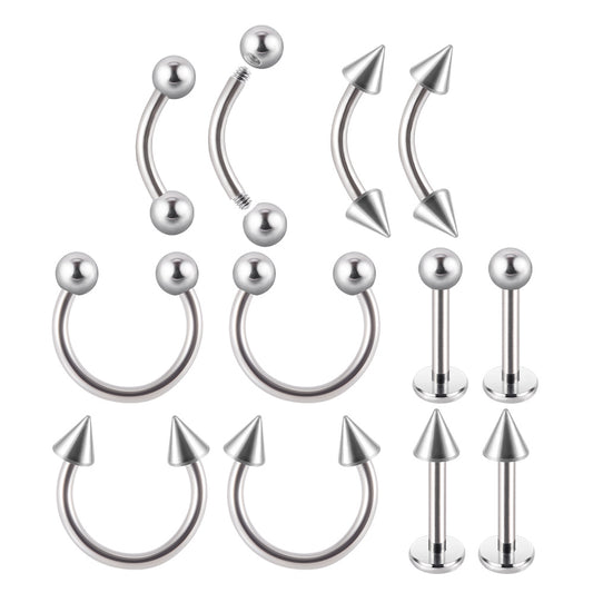 12PC Stainless Steel Body Piercing Jewelry Set 16G Nose Lip Tongue Cartilage