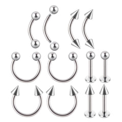 12PC Stainless Steel Body Piercing Jewelry Set 16G Nose Lip Tongue Cartilage
