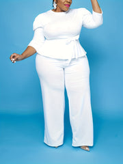 Women's Plus 3/4 Sleeve Peplum Zipper Tops Wide Leg Pant Outfits