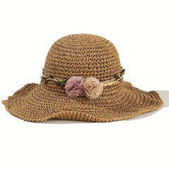 Khaki Crochet Flower Sun Hat Hollow Out Breathable Straw Bucket Hat