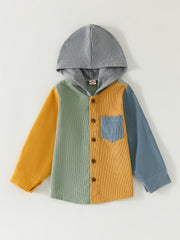 Boys Corduroy Hooded Jacket Long Sleeve Button Down for Spring Fall