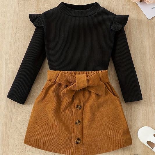Girl's Corduroy 2pcs Ruffle Top & Skirt Set for Spring Autumn
