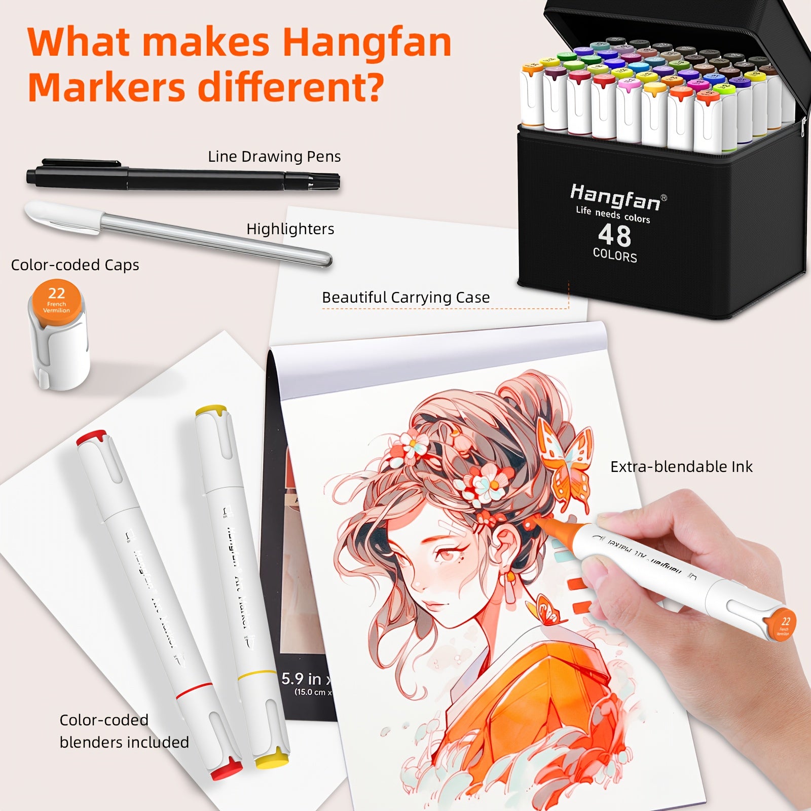 48 Alcohol Based Art Marker Pens & Dual Tip Brushes Refillable Double Width Tips