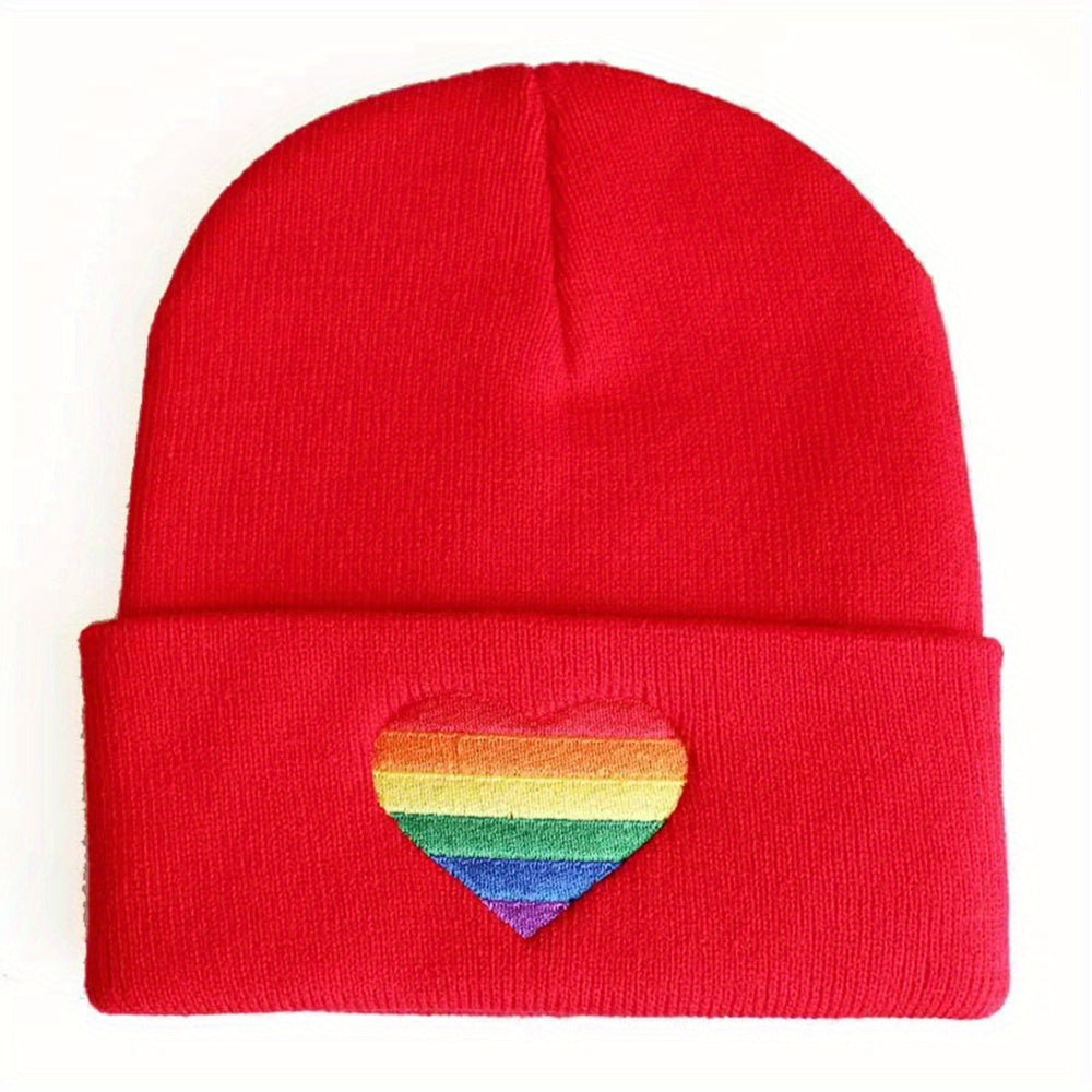 LGBT Rainbow Heart Beanie Hat Gay Pride Love Is Love Embroidered Unisex