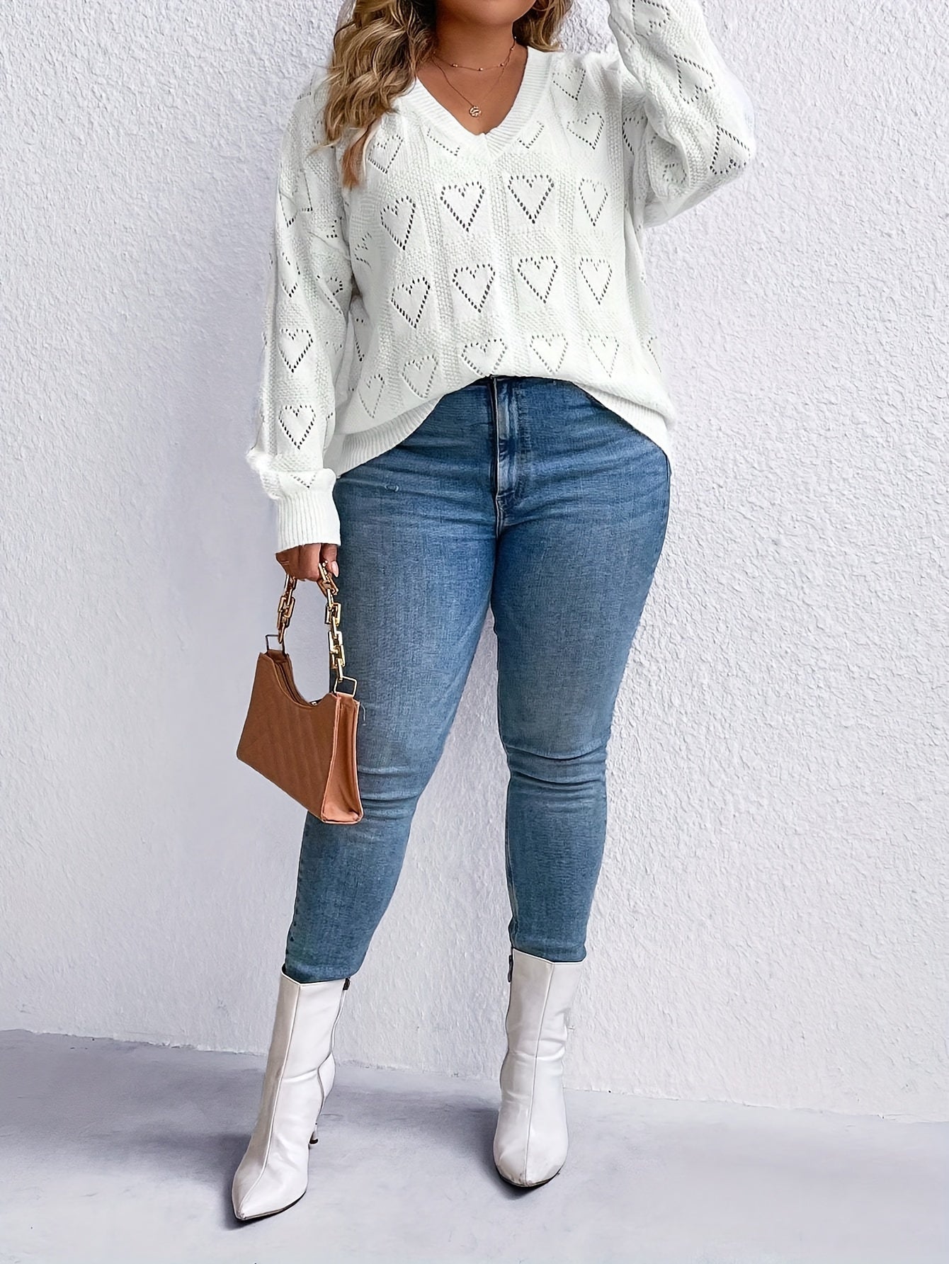  Heart Pattern V Neck Knitted Pullover Jumper