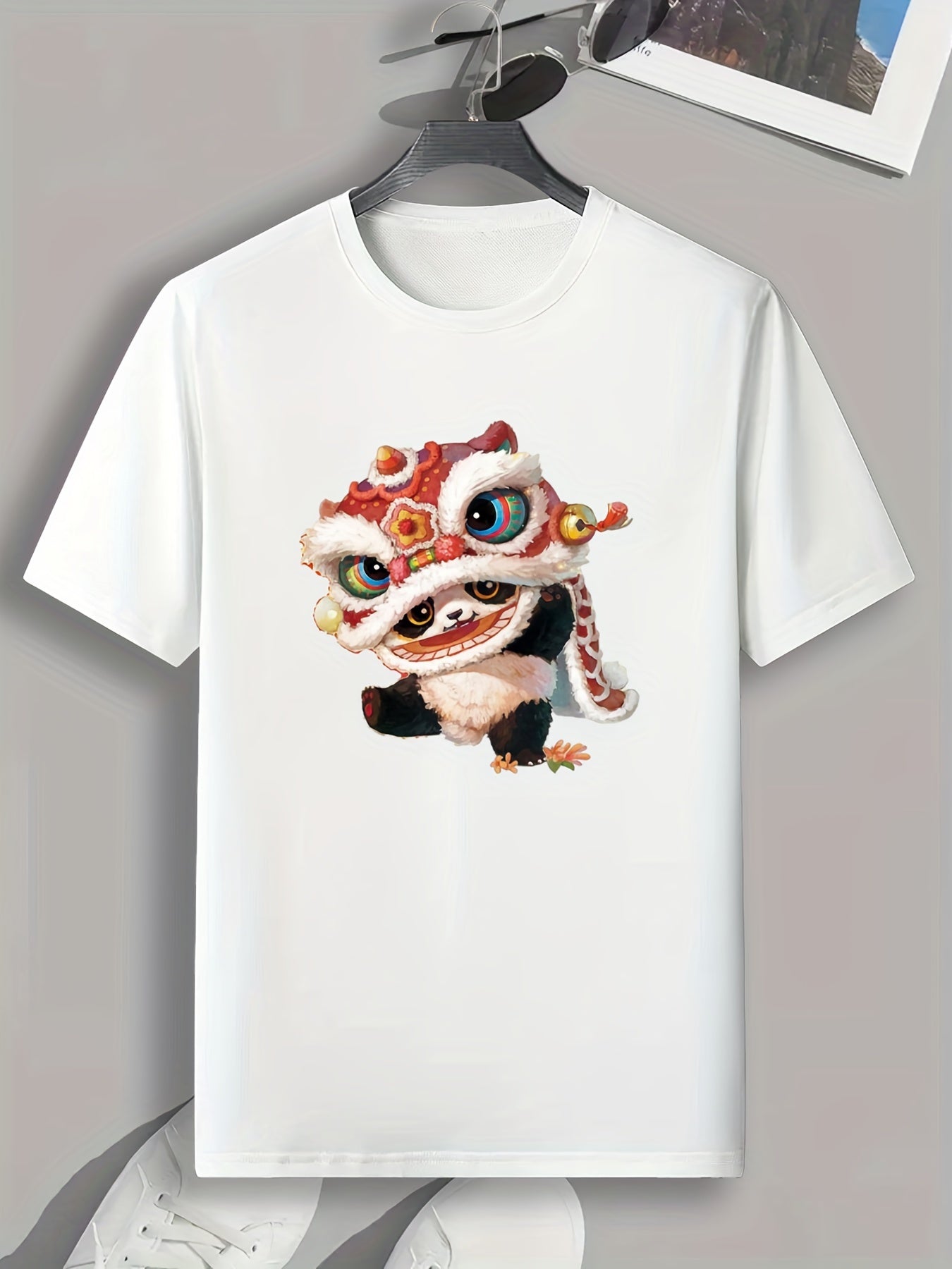 Panda & Lion Dance Print Men's Comfy T-shirt - Outdoor Summer Tee