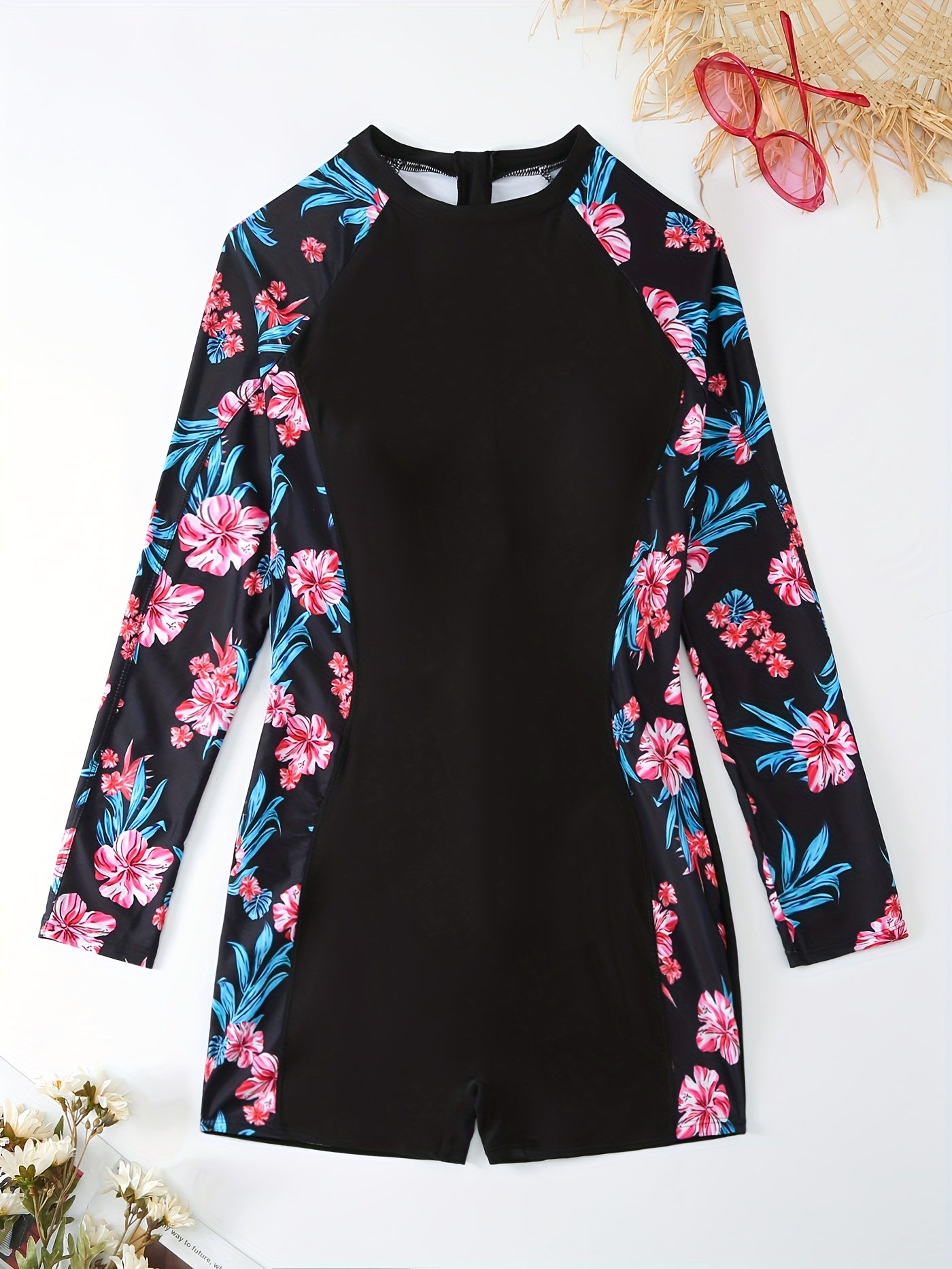  Boho Floral Swimsuit Long Sleeve One Piece Bathing Suit