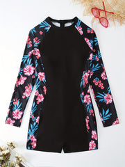  Boho Floral Swimsuit Long Sleeve One Piece Bathing Suit