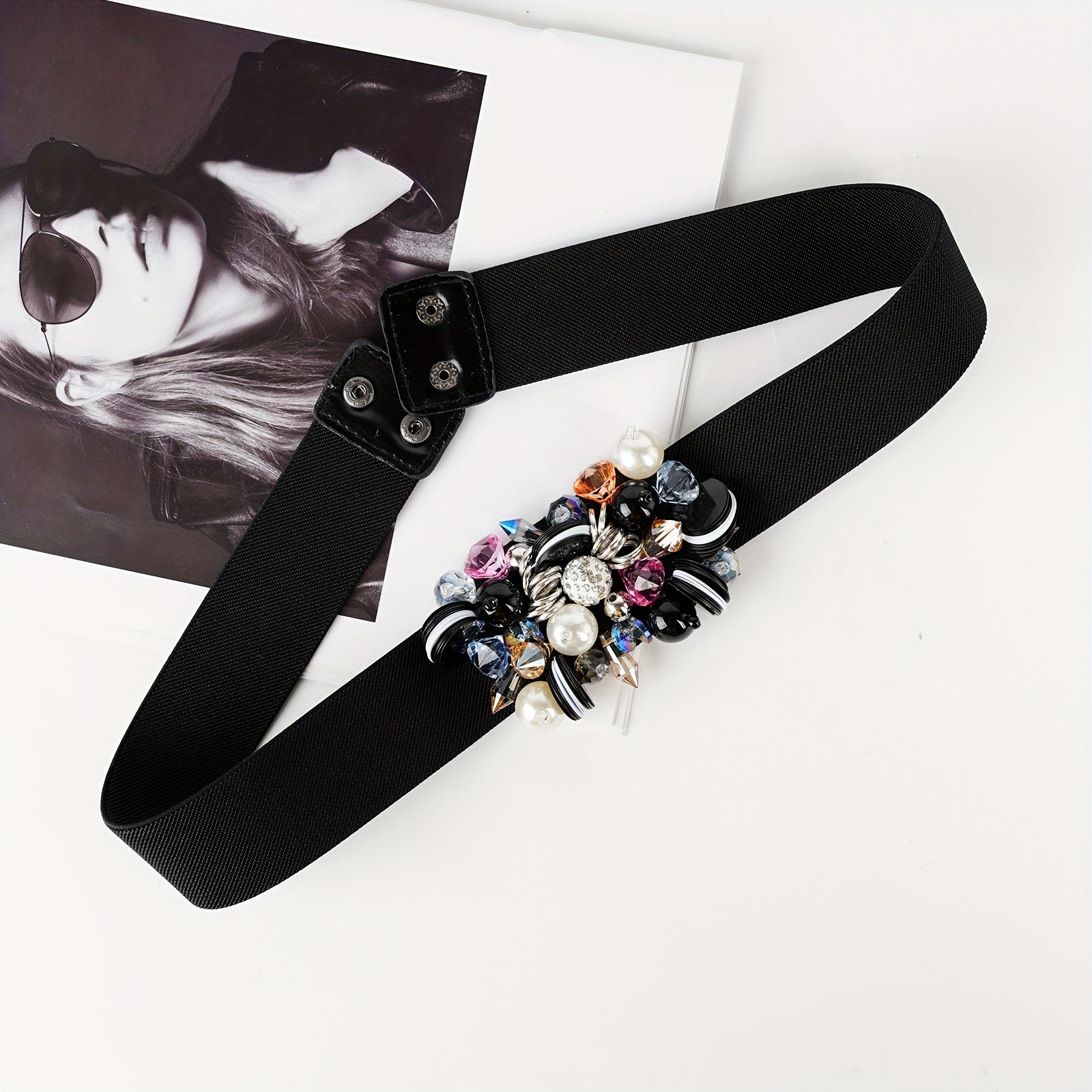 Rhinestone Faux Pearl Waist Belt Elastic Girdle Women Punk Dress Waistband