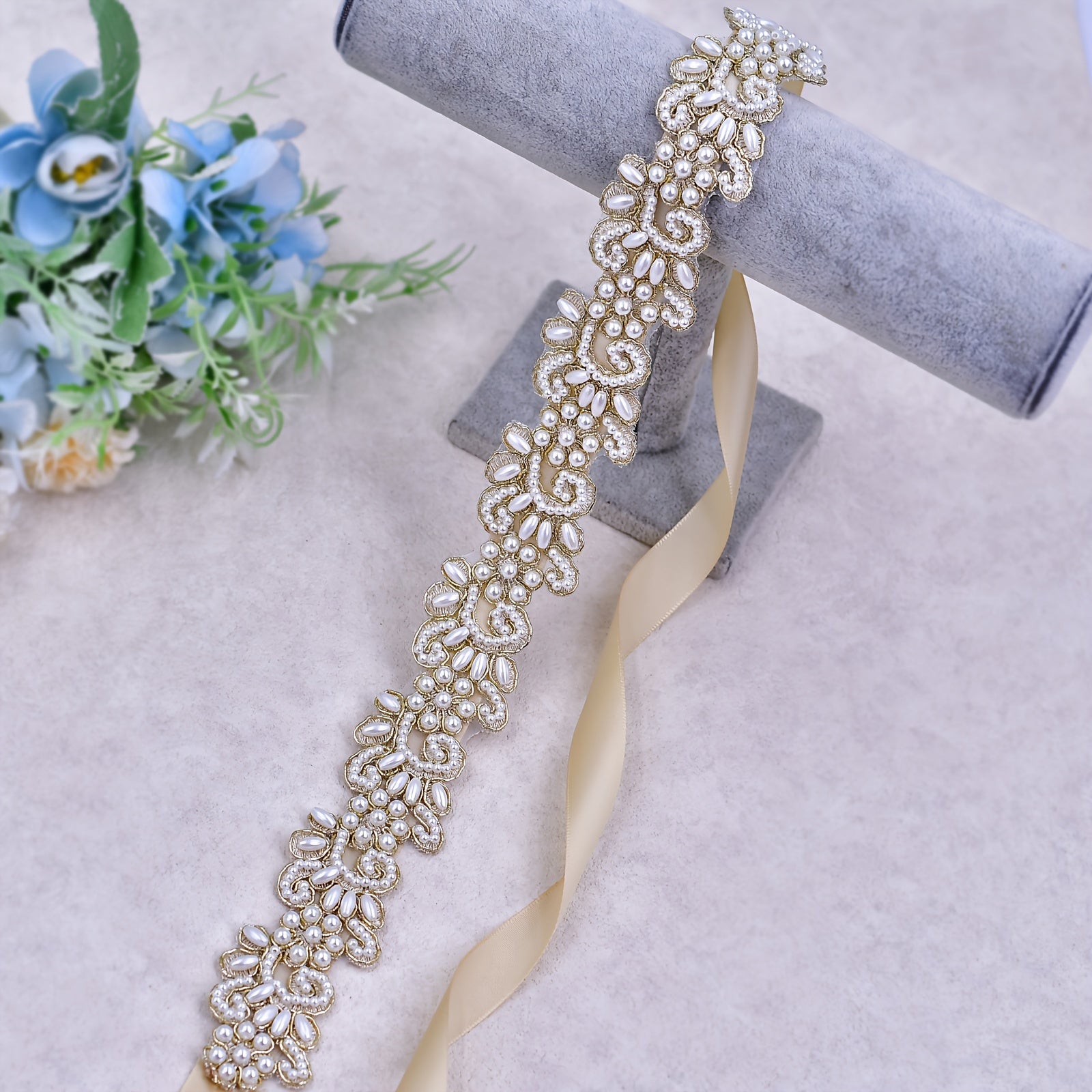Floral Lace Bridal Belt with Golden Embellishments