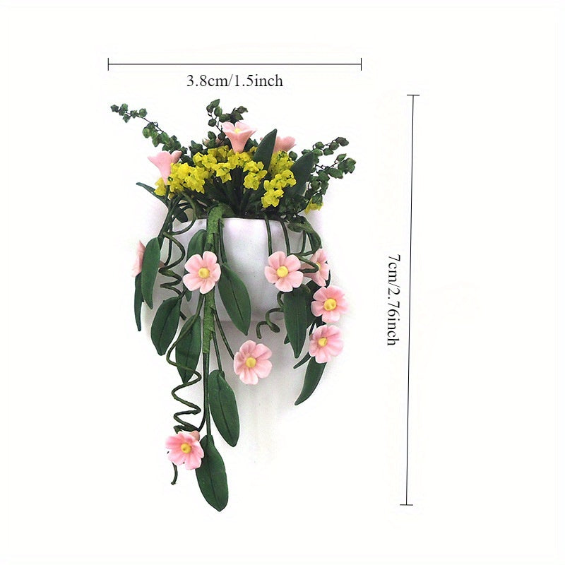 1:12 Scale Clay Flower Basket Wall Hanging Pink Chrysanthemum Vine