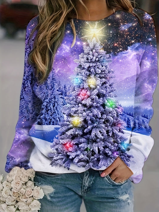 Christmas Tree Print Sweatshirt Crew Neck Long Sleeve Casual Pullover