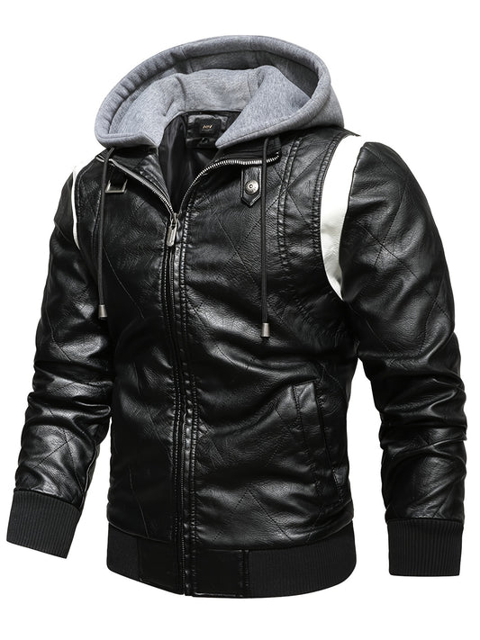 Men's Slim Fit Winter Splice Pu Leather Hooded Jacket Coat