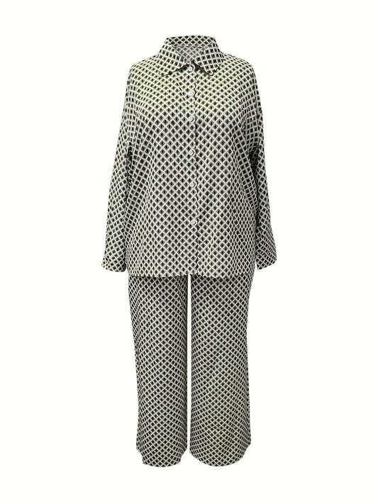  Argyle Print Blouse & Wide Leg Pants Set