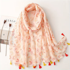 Rainbow Print Pink Voile Scarf Tassel Shawl Boho Head Wraps Women Hijab