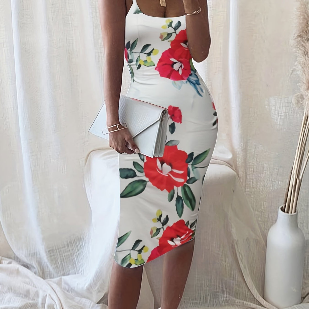 Floral Print Bodycon Dress Spaghetti Strap Knee Length