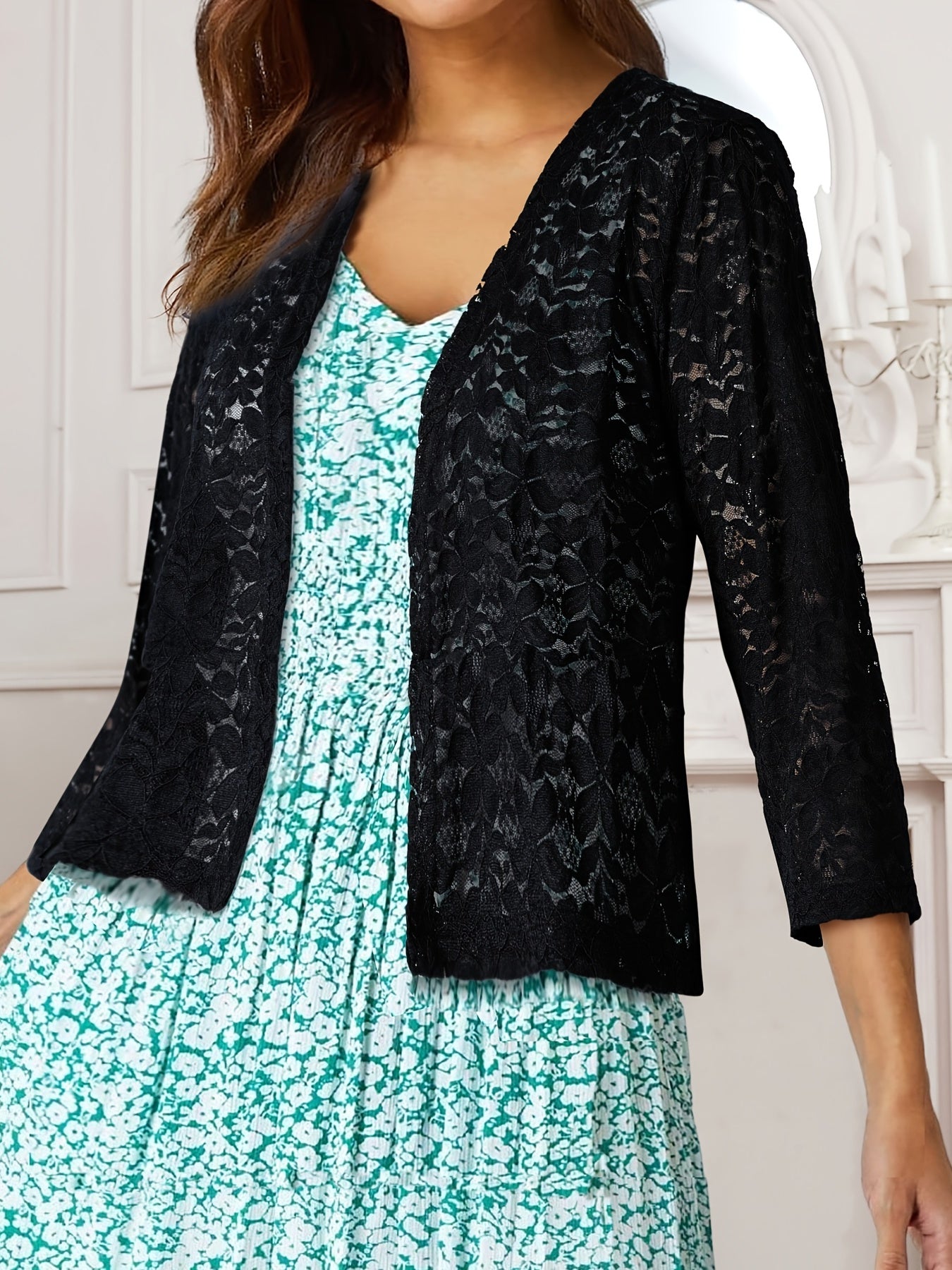Solid Lace Open Front Top Long Sleeve Flower Pattern Top