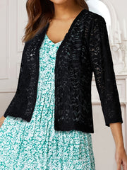 Solid Lace Open Front Top Long Sleeve Flower Pattern Top