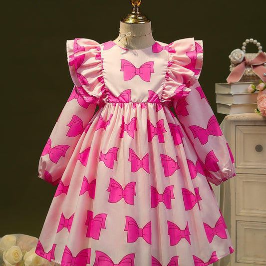 Sweet Bow Allover Princess Dress For Kid Girls Ruffle Trims Casual Dresses